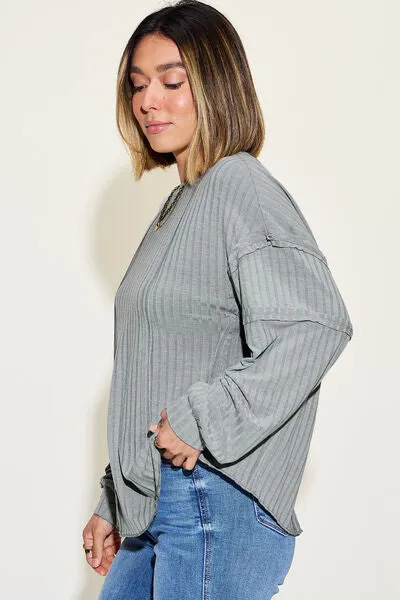 Pauline Full Size Ribbed Round Neck Long Sleeve T-Shirt