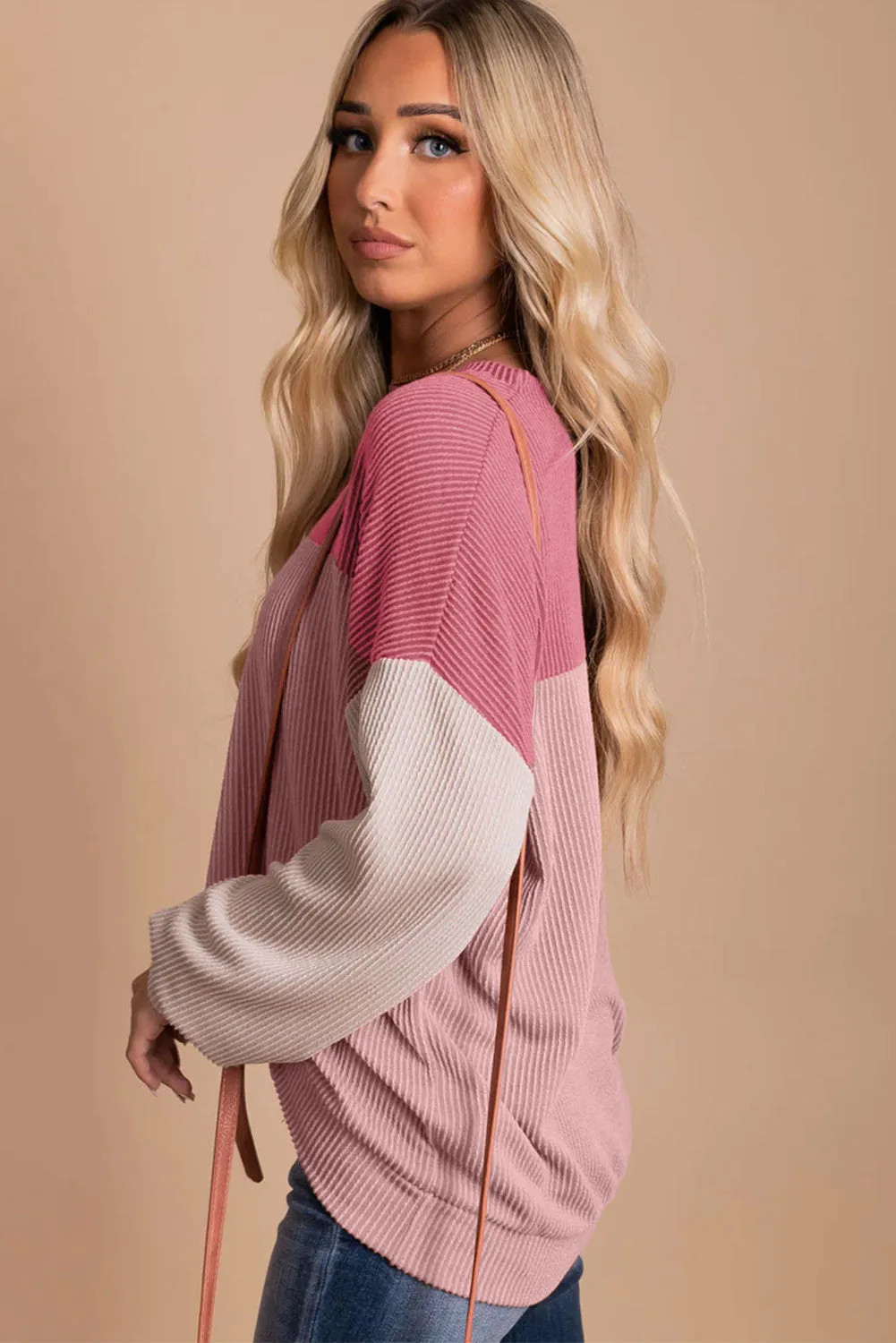 Pink Black Color Block Long Sleeve Cording Loose Top