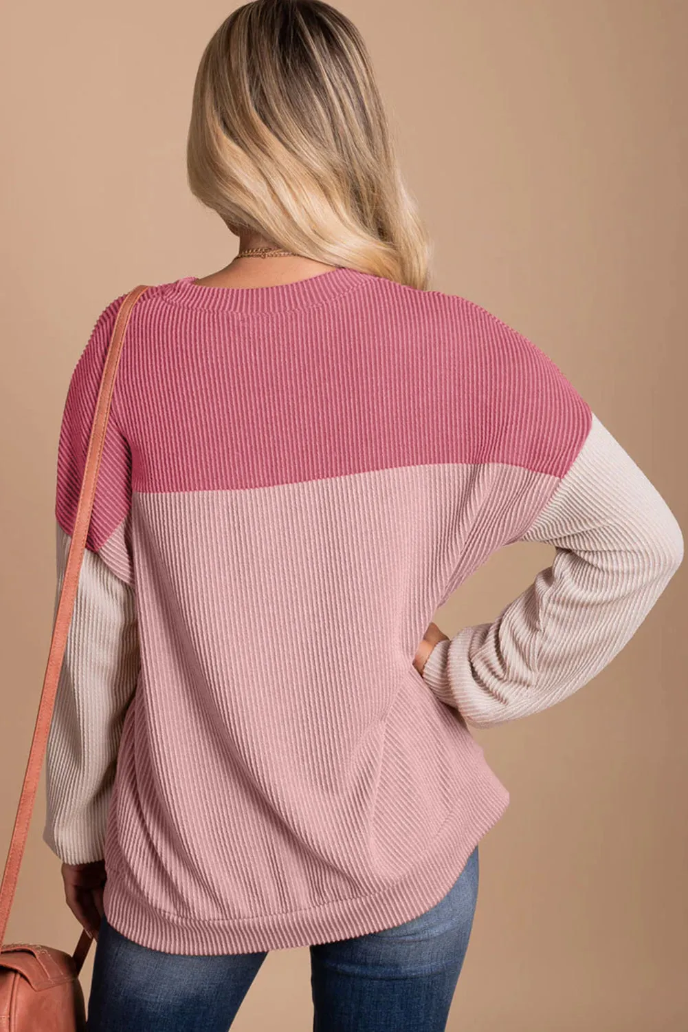 Pink Black Color Block Long Sleeve Cording Loose Top