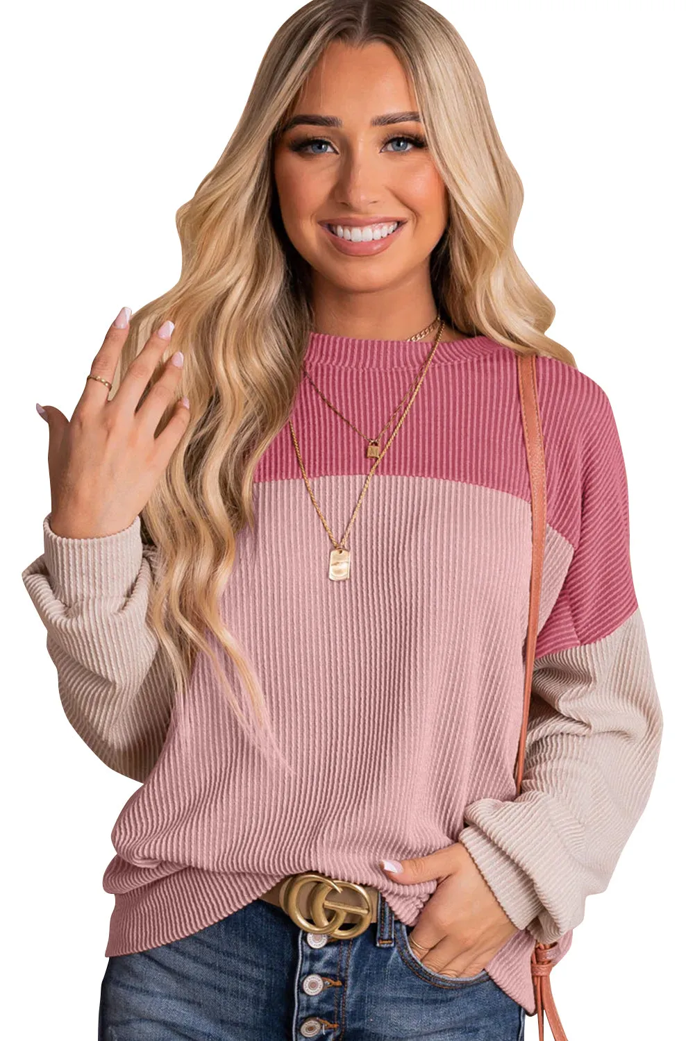 Pink Black Color Block Long Sleeve Cording Loose Top