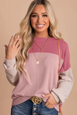 Pink Black Color Block Long Sleeve Cording Loose Top