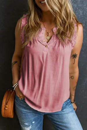 Pink Button Split Neck Frilly Detail Sleeveless Top