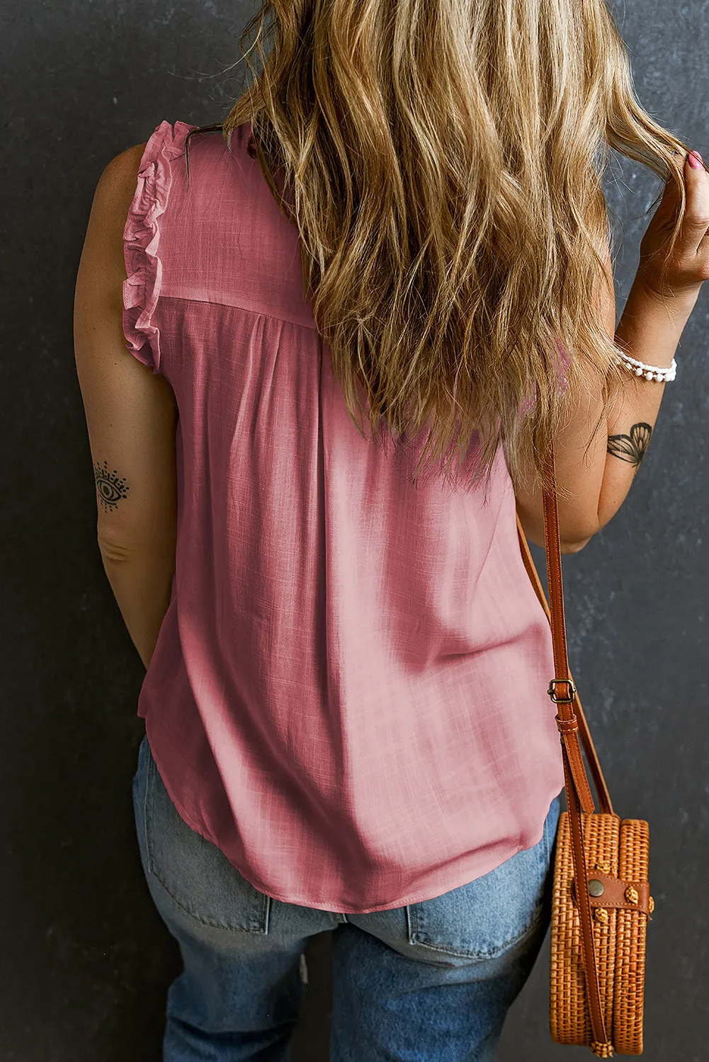 Pink Button Split Neck Frilly Detail Sleeveless Top