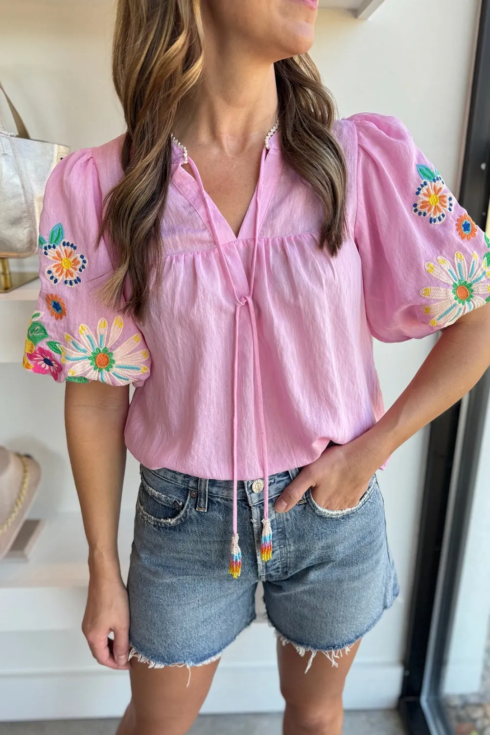 Pink Floral Embroidered Puff Sleeve Split Neck Blouse