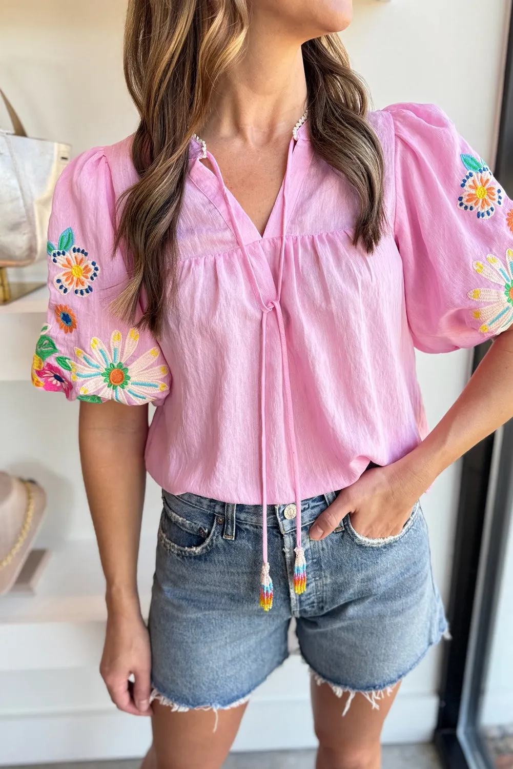 Pink Floral Embroidered Puff Sleeve Split Neck Blouse