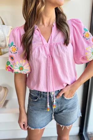 Pink Floral Embroidered Puff Sleeve Split Neck Blouse