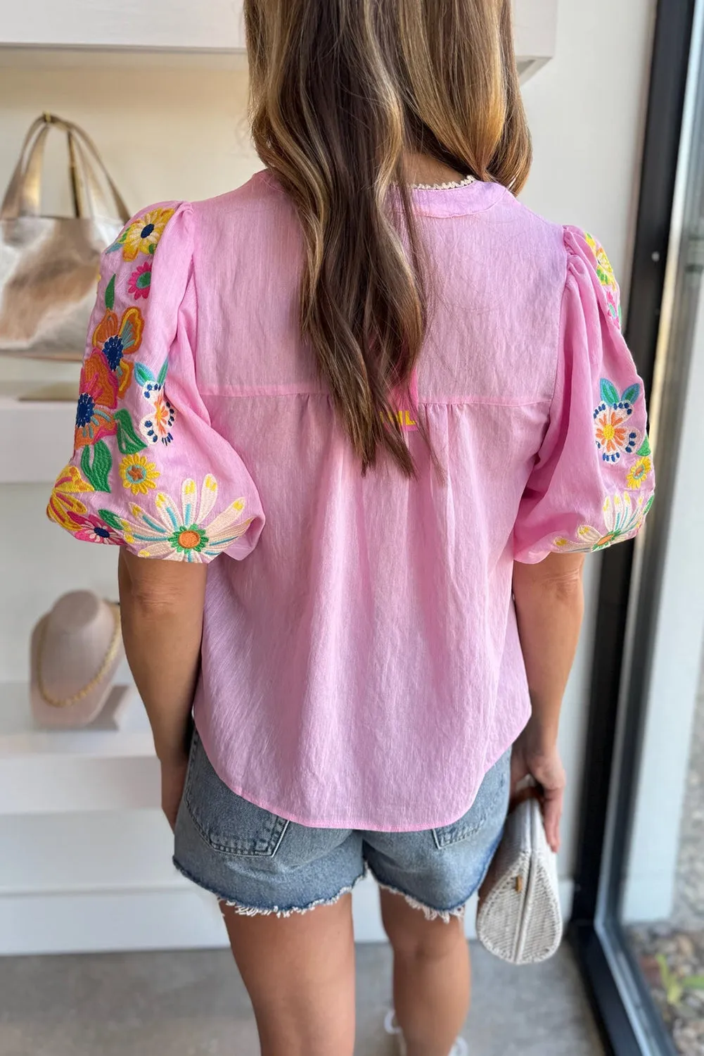 Pink Floral Embroidered Puff Sleeve Split Neck Blouse