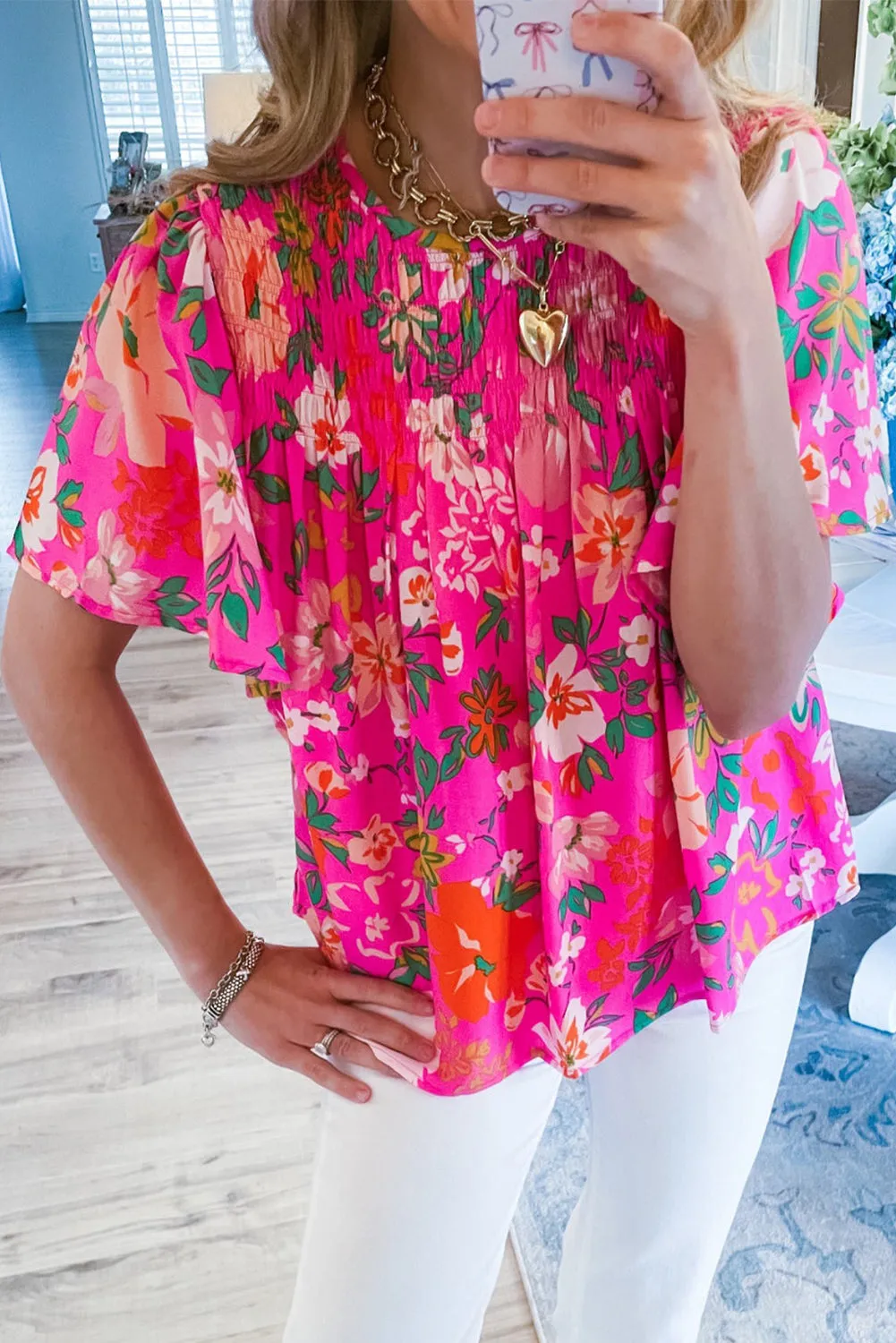 Pink Floral Short Sleeve Smocked Blouse