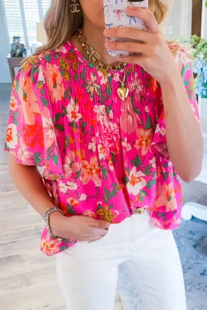 Pink Floral Short Sleeve Smocked Blouse