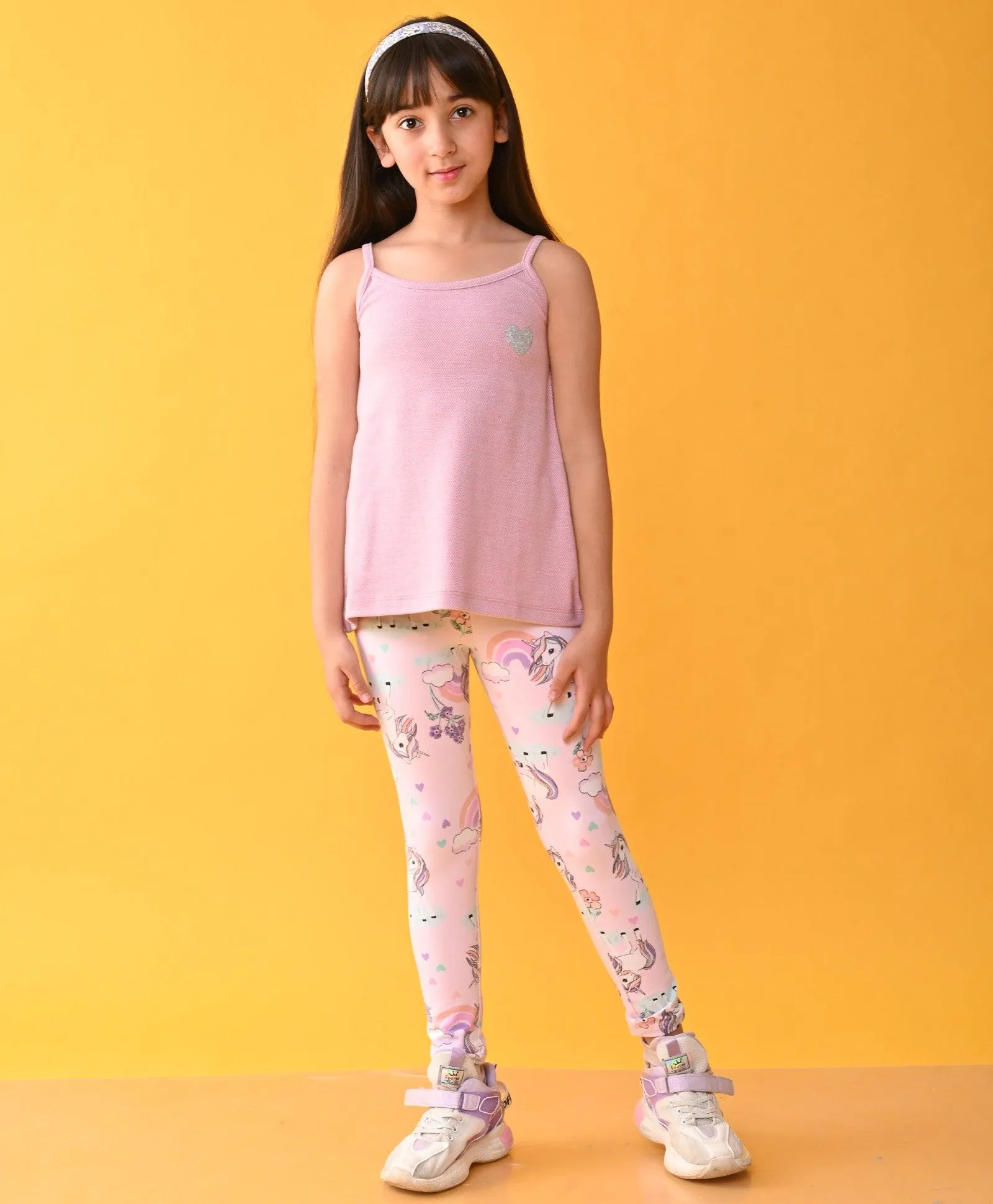 PINK HEART ZIG ZAG STRAP TOP UNICORN LEGGINGS SET - PINK