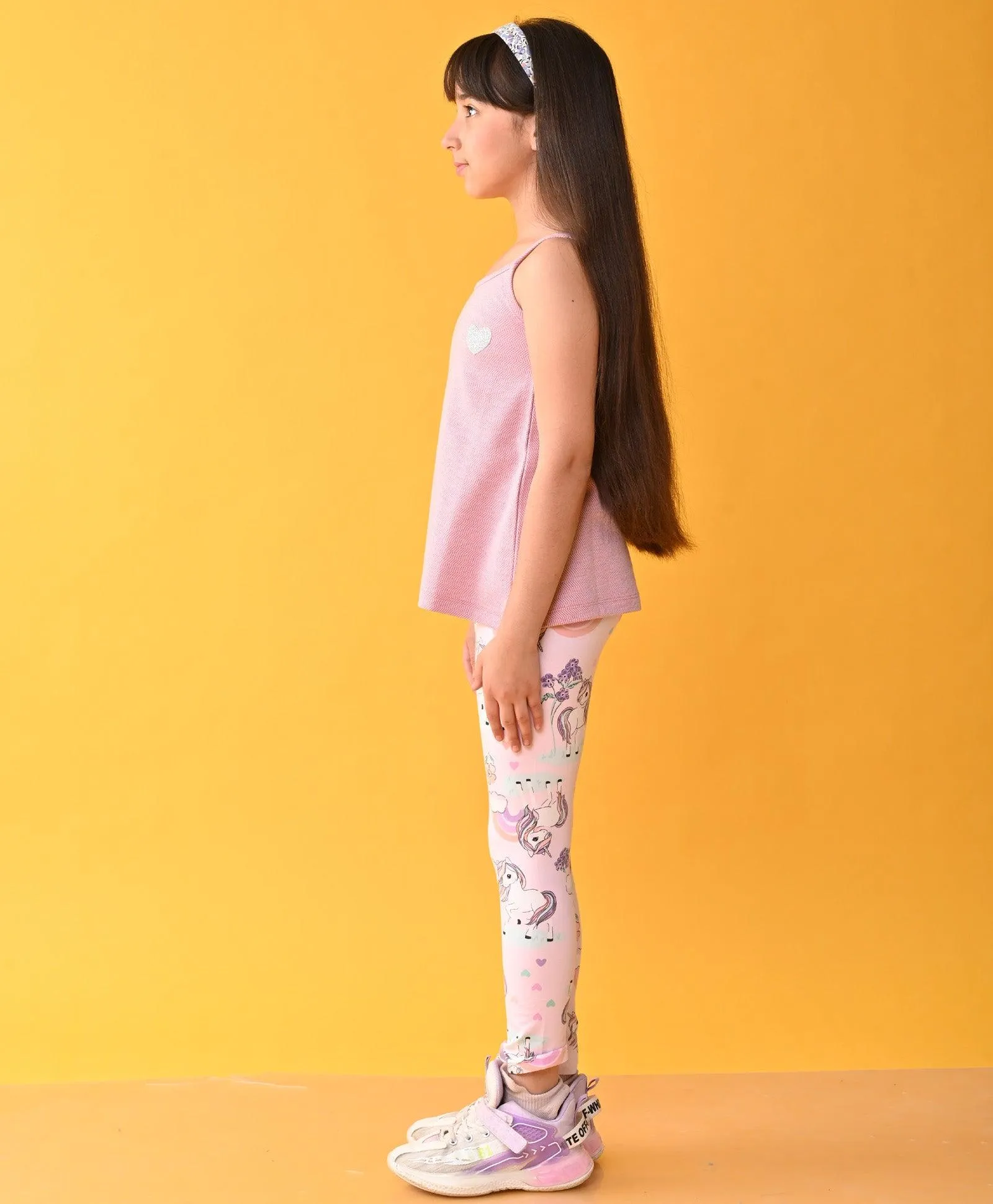 PINK HEART ZIG ZAG STRAP TOP UNICORN LEGGINGS SET - PINK