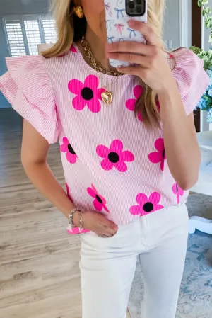 Pink Pinstripe Floral Print Ruffled Flutter Sleeve Blouse