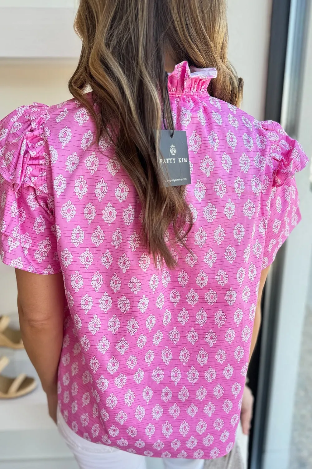 Pink Vintage Floral Ruffled Split Neck Short Sleeve Top