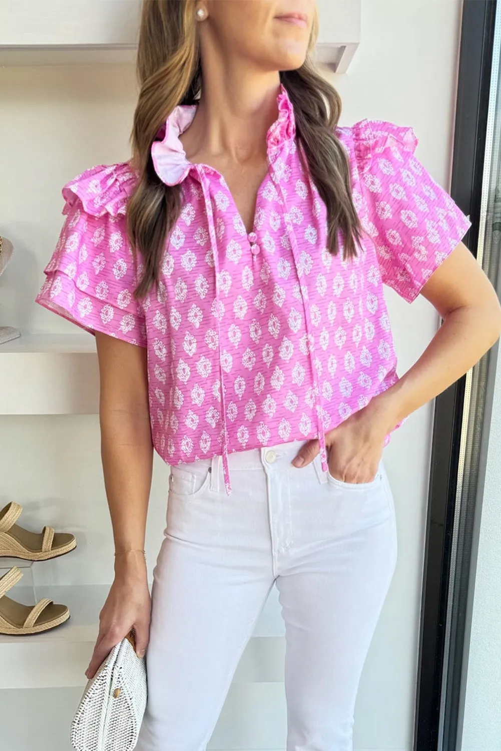 Pink Vintage Floral Ruffled Split Neck Short Sleeve Top