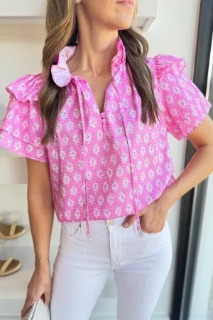 Pink Vintage Floral Ruffled Split Neck Short Sleeve Top