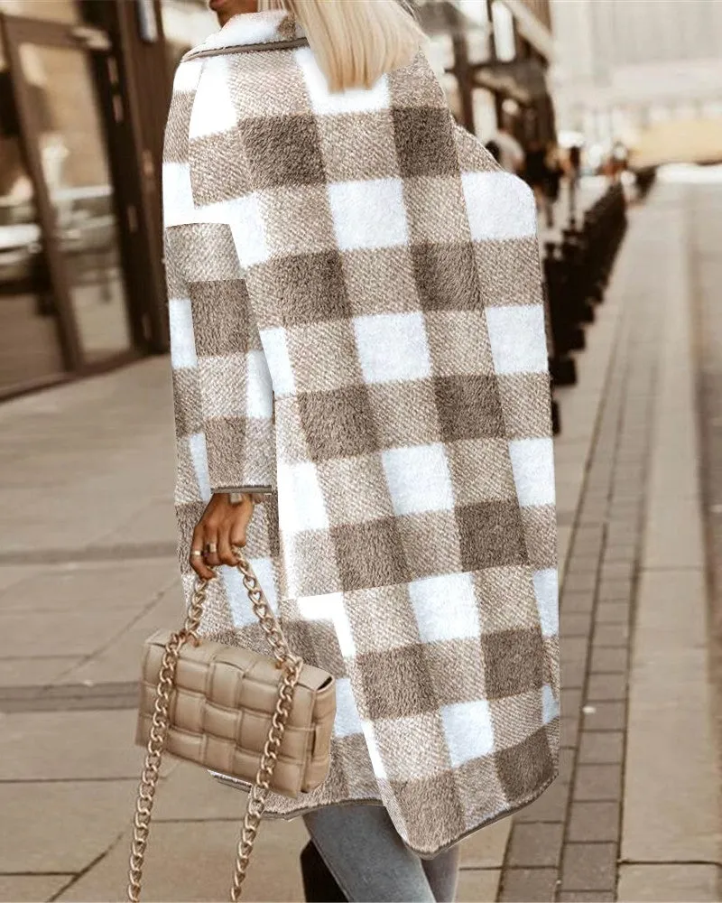 Plaid Pattern Fuzzy Longline Coat