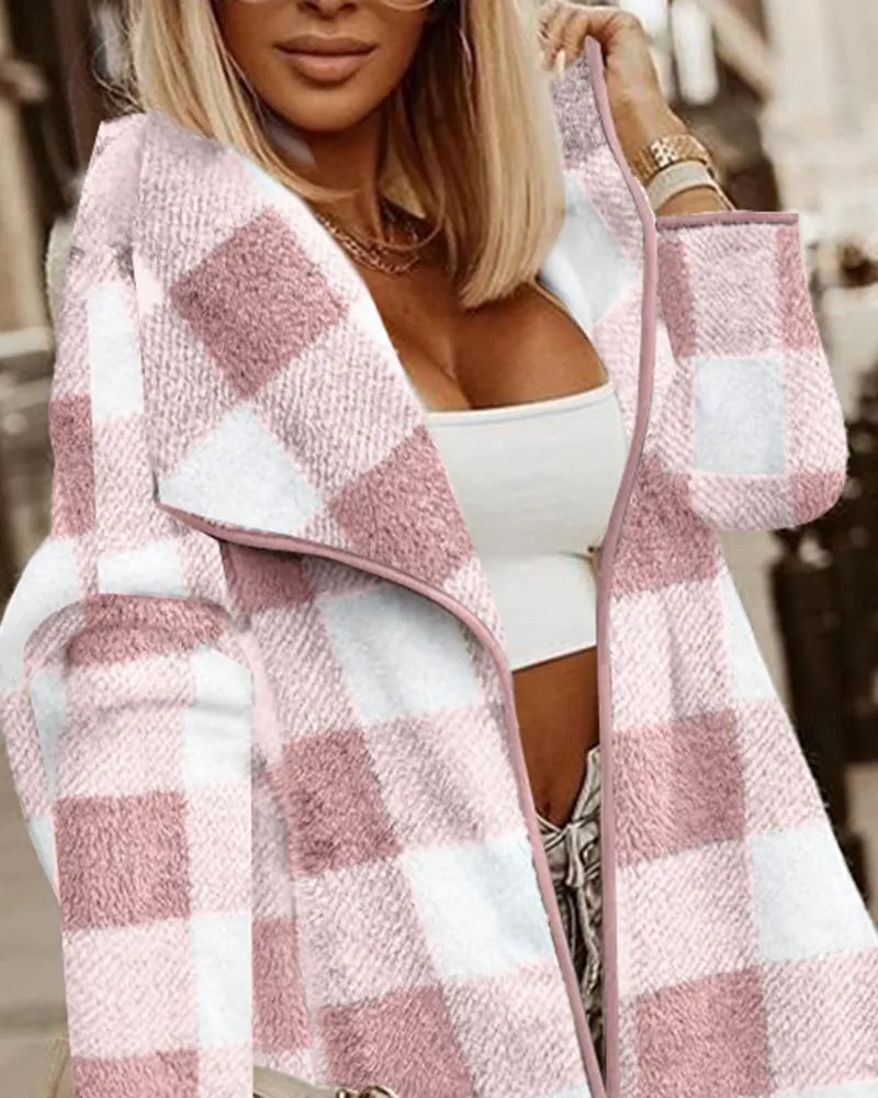 Plaid Pattern Fuzzy Longline Coat