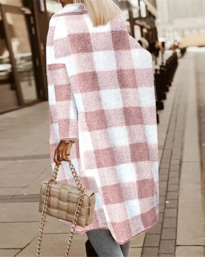 Plaid Pattern Fuzzy Longline Coat