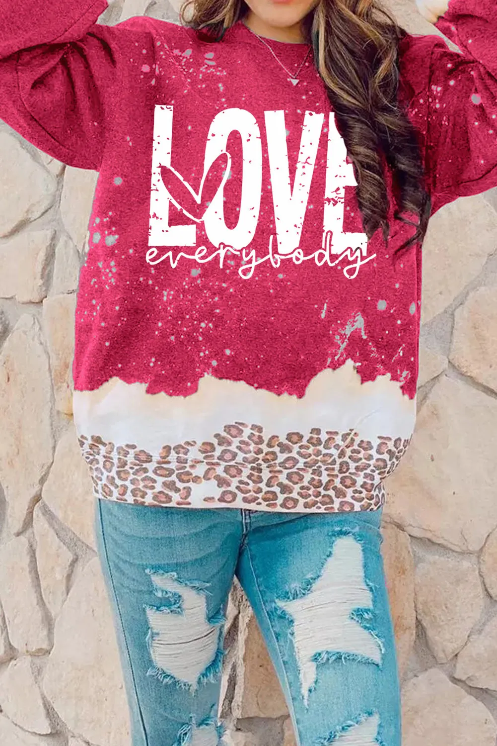 Red LOVE everyday Bleached Leopard Print Sweatshirt