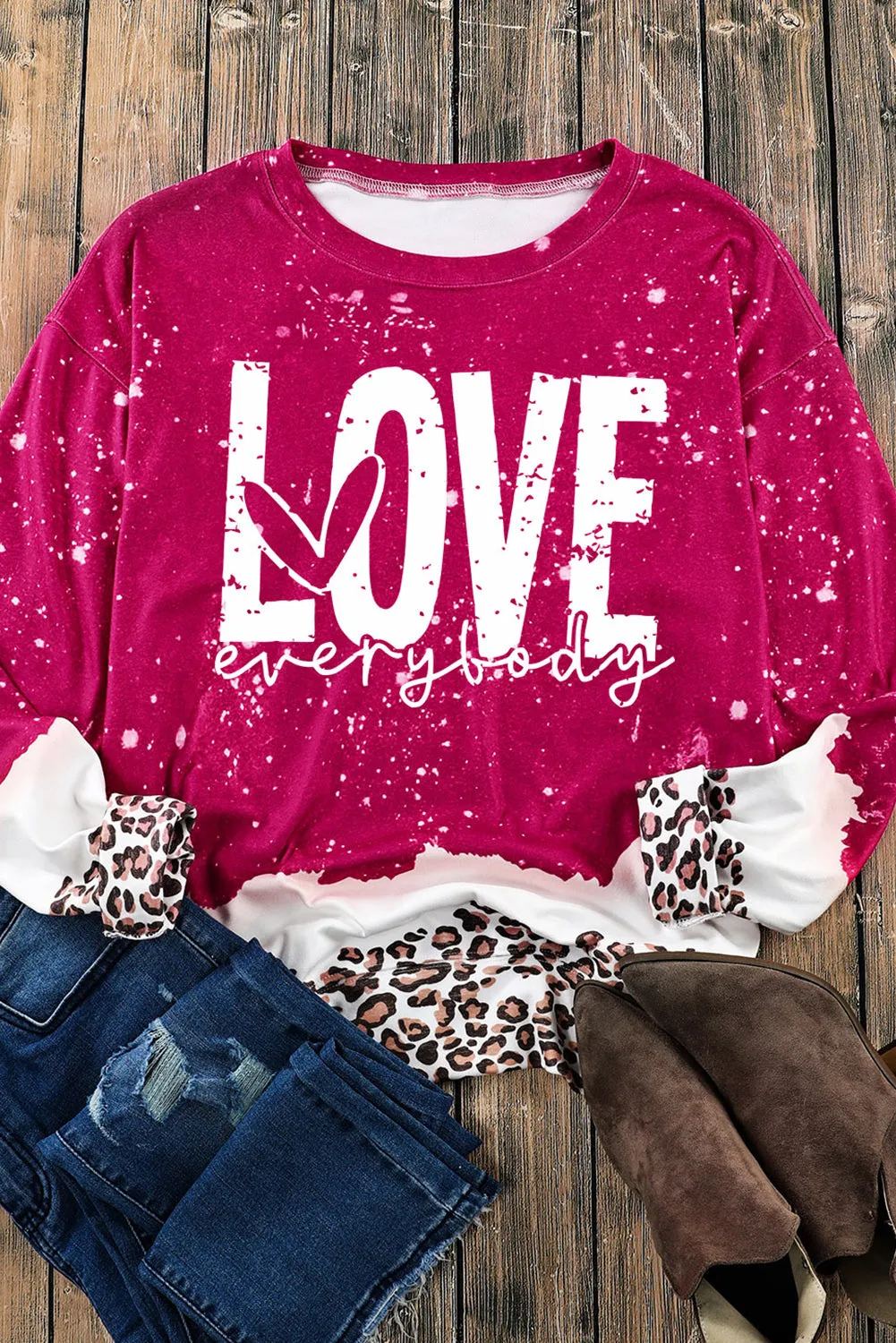 Red LOVE everyday Bleached Leopard Print Sweatshirt
