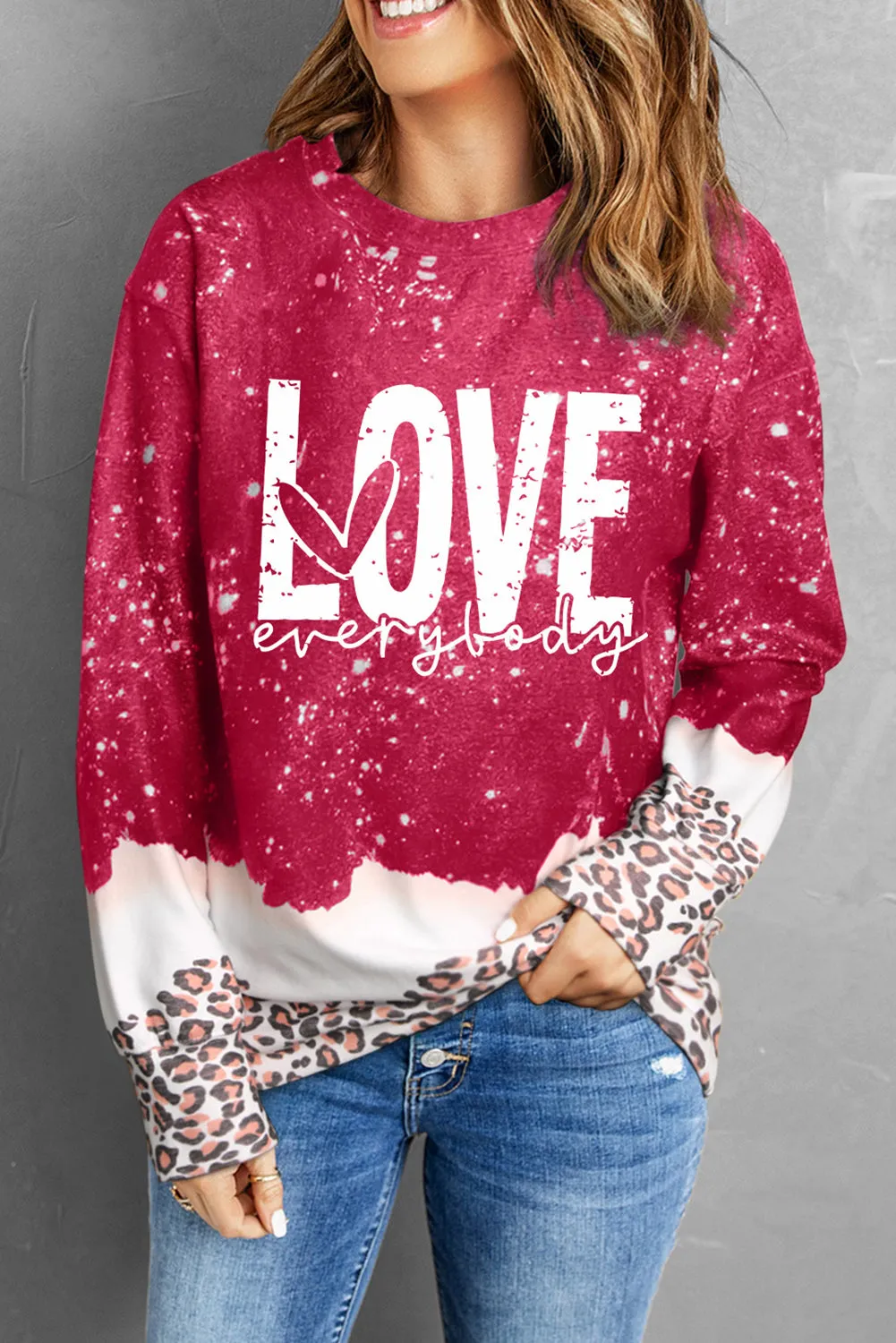 Red LOVE everyday Bleached Leopard Print Sweatshirt