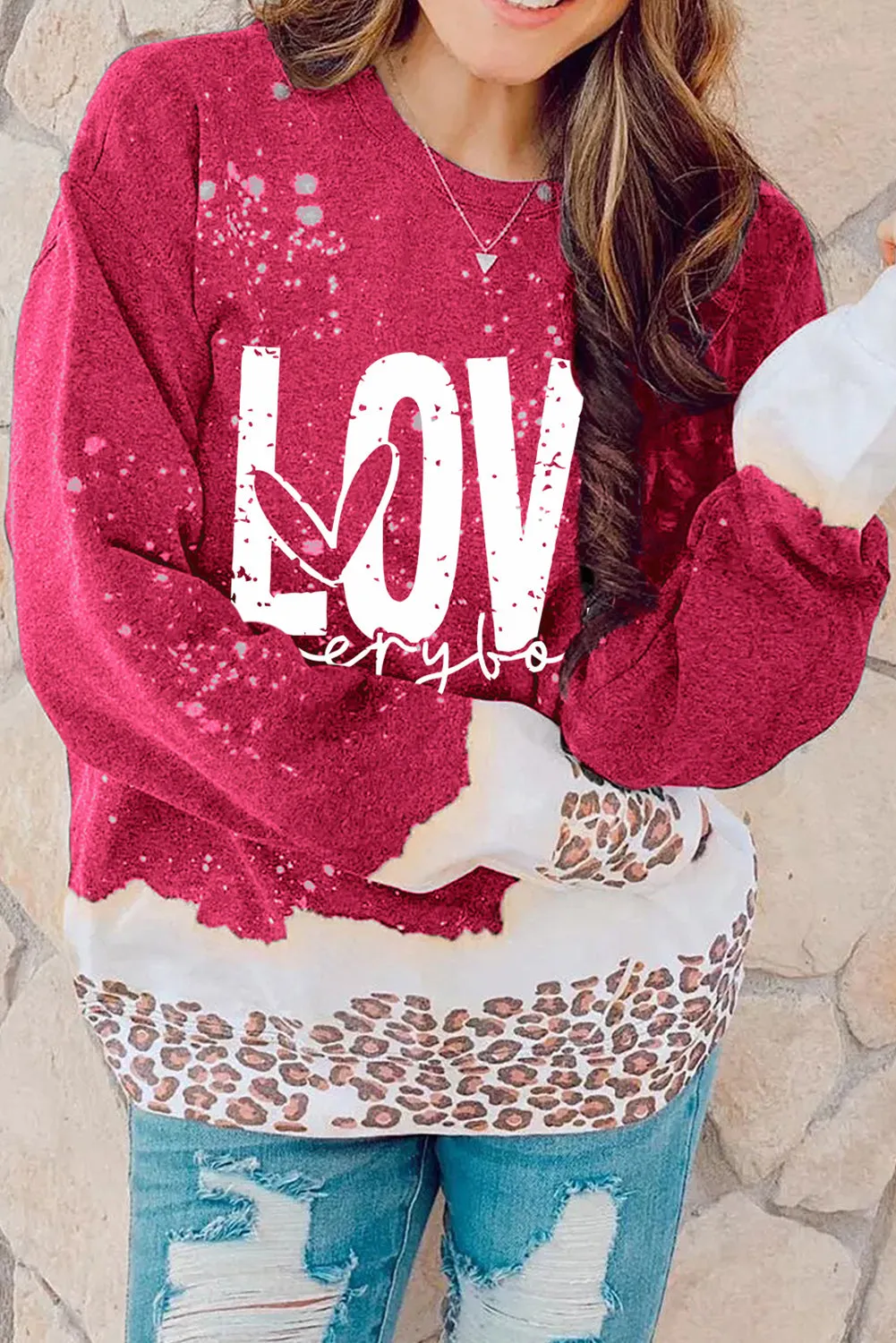 Red LOVE everyday Bleached Leopard Print Sweatshirt