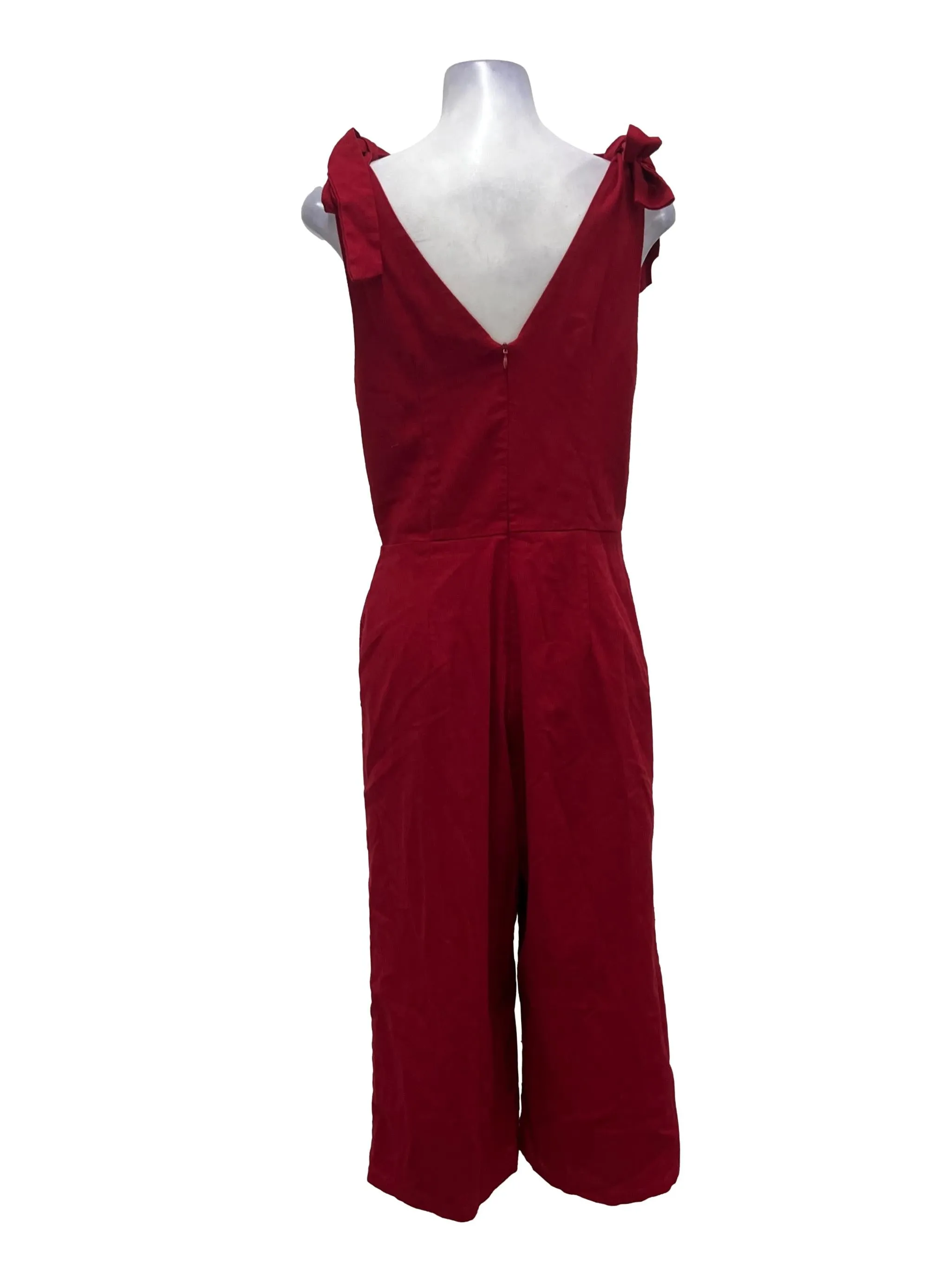 Red V-Neck Sleeve Tie Strap Jumpsuit