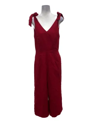 Red V-Neck Sleeve Tie Strap Jumpsuit
