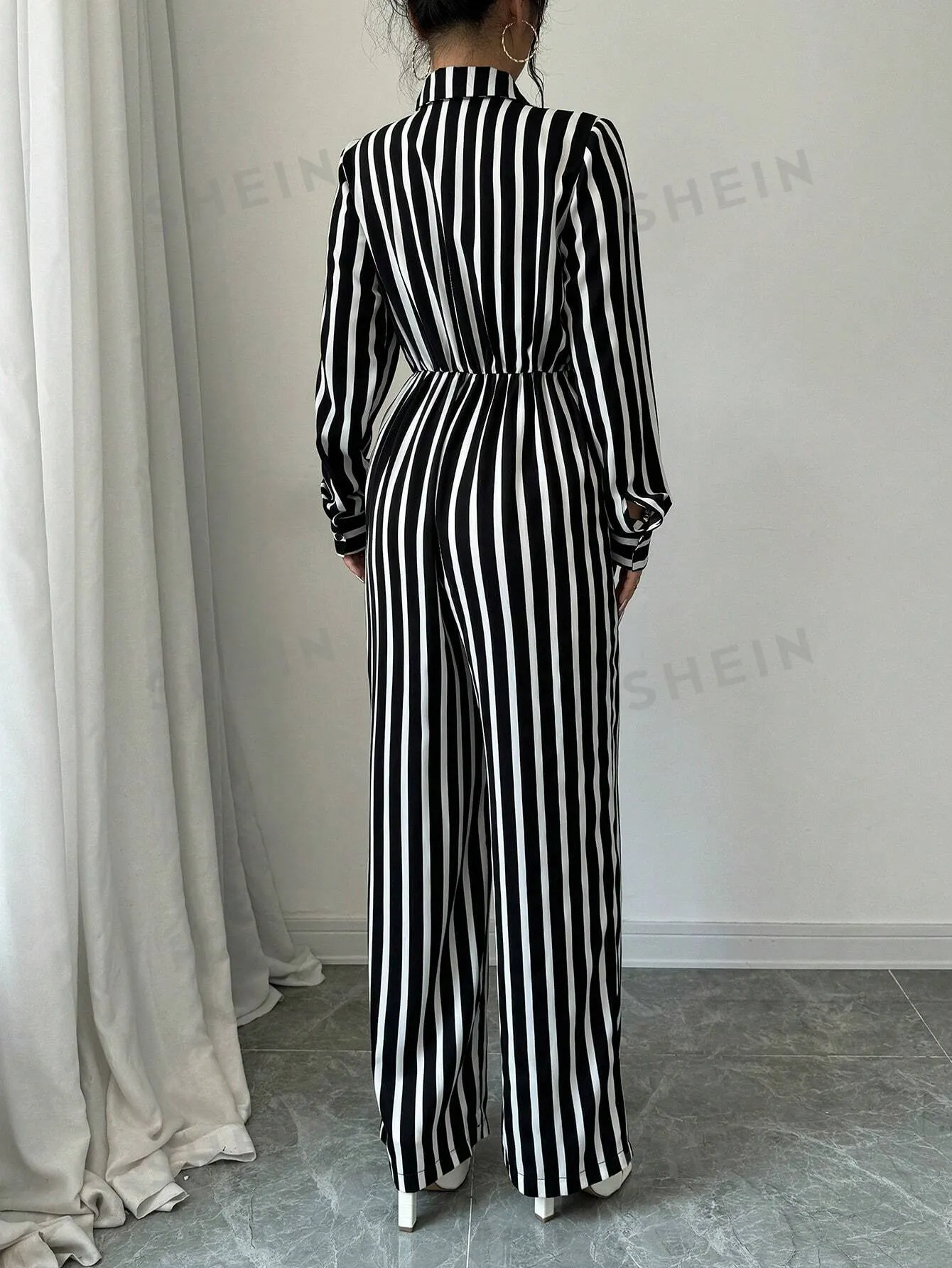 Relaxiva Women's Spring Autumn Long Sleeve Casual Striped Jumpsuit