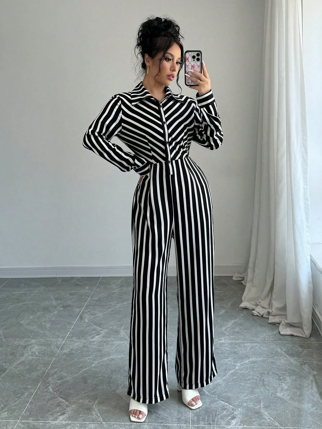 Relaxiva Women's Spring Autumn Long Sleeve Casual Striped Jumpsuit
