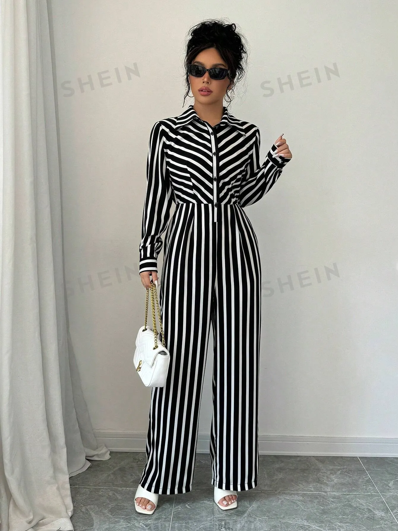 Relaxiva Women's Spring Autumn Long Sleeve Casual Striped Jumpsuit