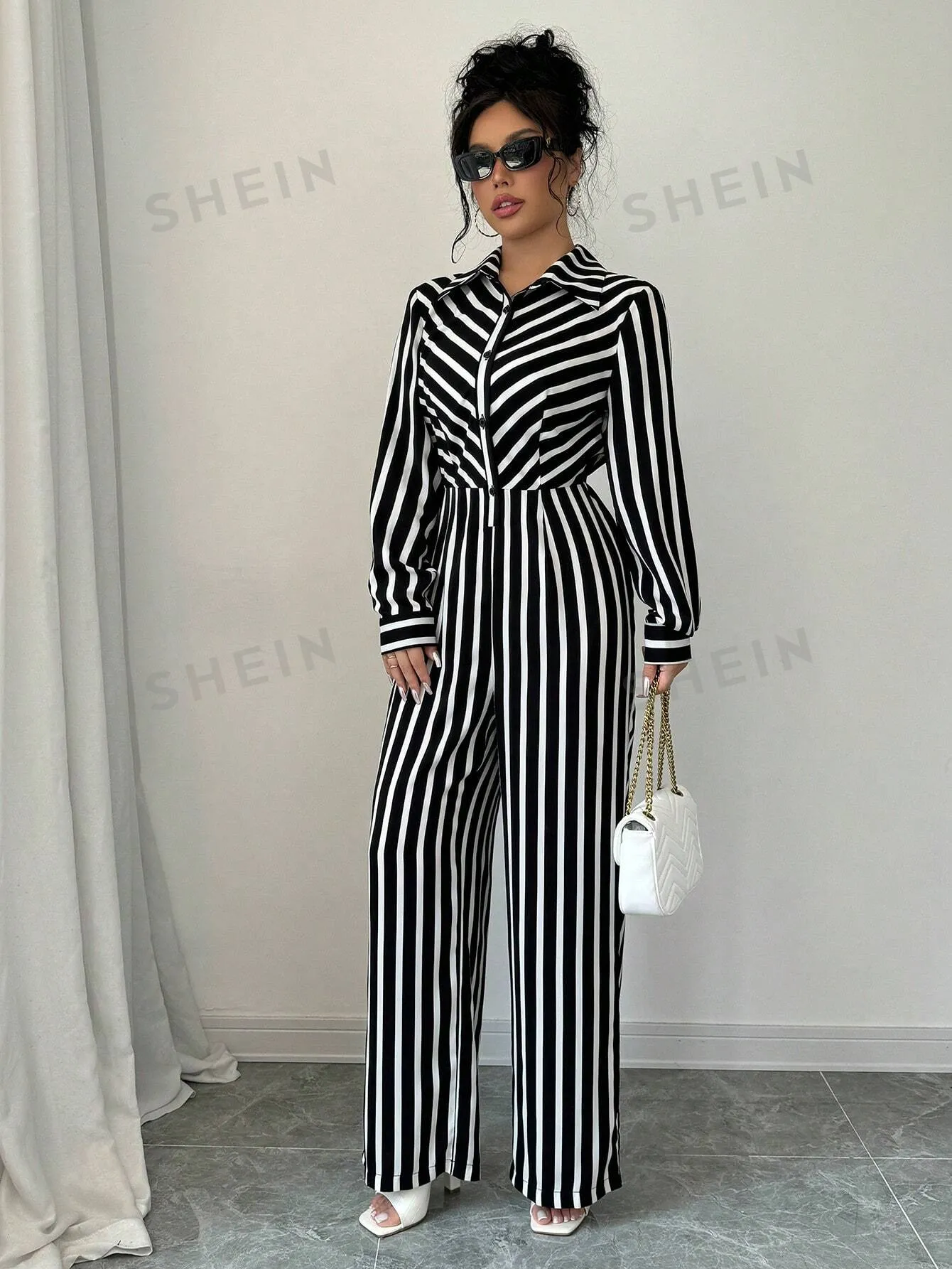 Relaxiva Women's Spring Autumn Long Sleeve Casual Striped Jumpsuit