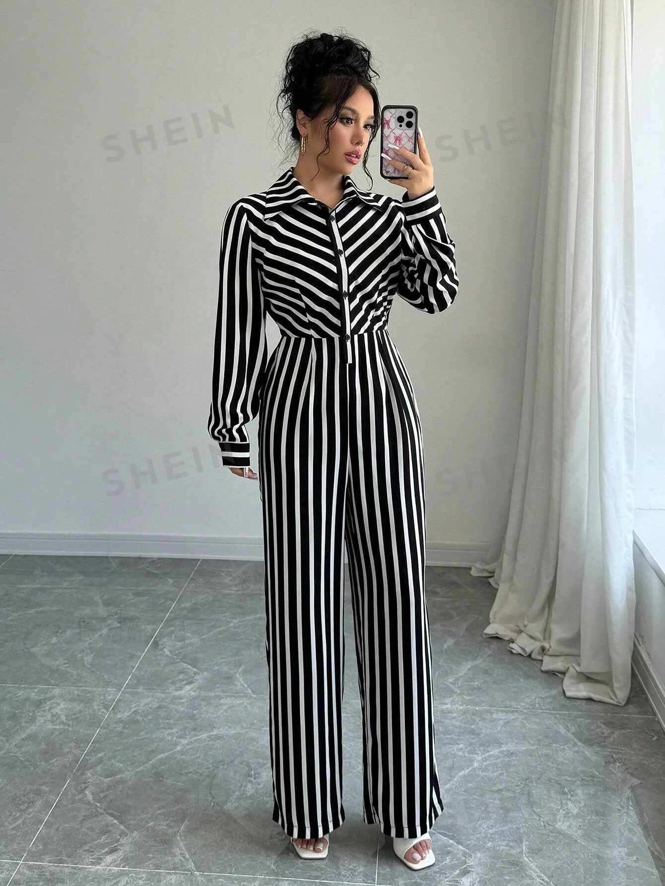 Relaxiva Women's Spring Autumn Long Sleeve Casual Striped Jumpsuit