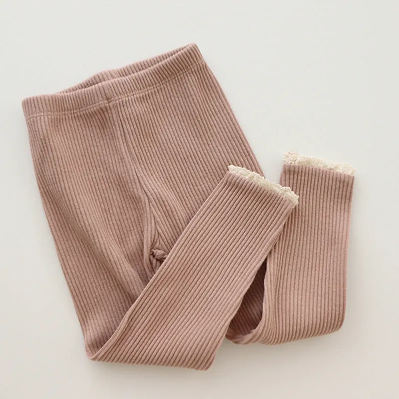 Rib - Knitted Baby Leggings with Lace Edging for Girls