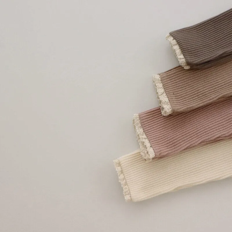 Rib - Knitted Baby Leggings with Lace Edging for Girls
