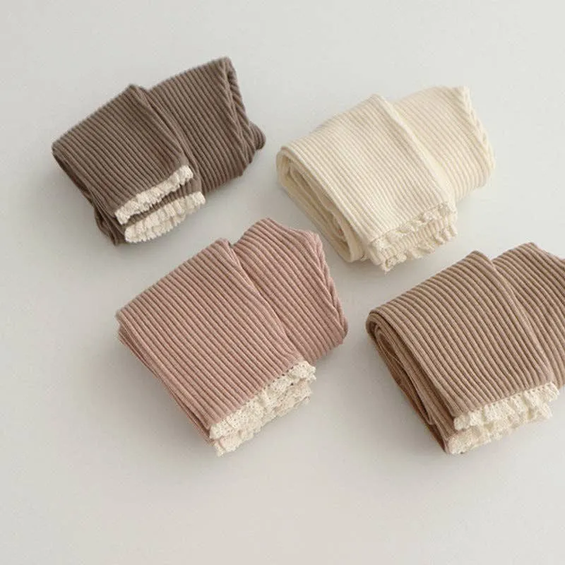 Rib - Knitted Baby Leggings with Lace Edging for Girls