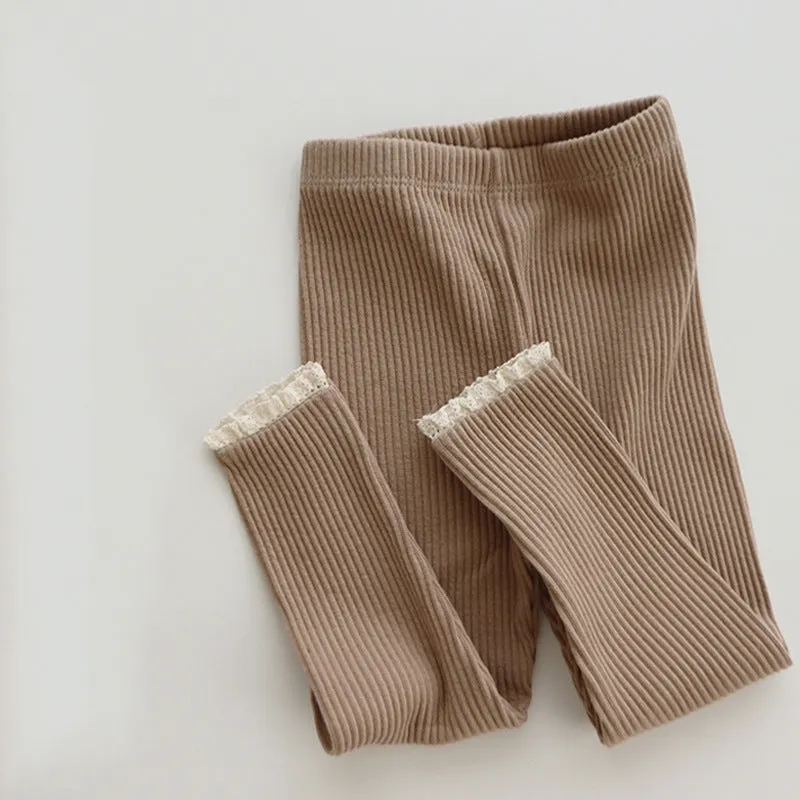Rib - Knitted Baby Leggings with Lace Edging for Girls