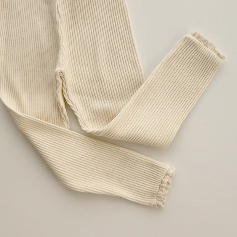 Rib - Knitted Baby Leggings with Lace Edging for Girls