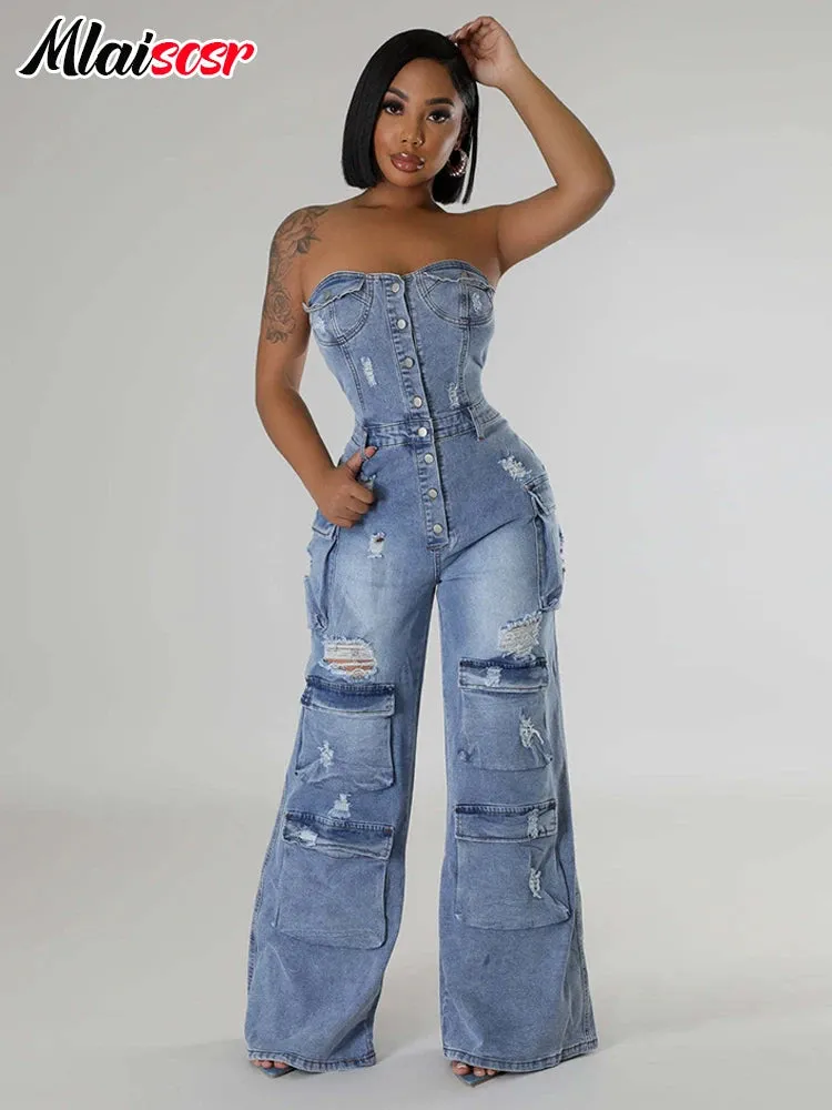 Ripped Stretch Denim Cargo Blue Wide Legs Jumpsuits