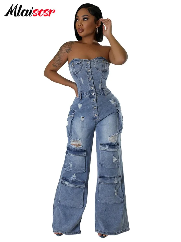Ripped Stretch Denim Cargo Blue Wide Legs Jumpsuits