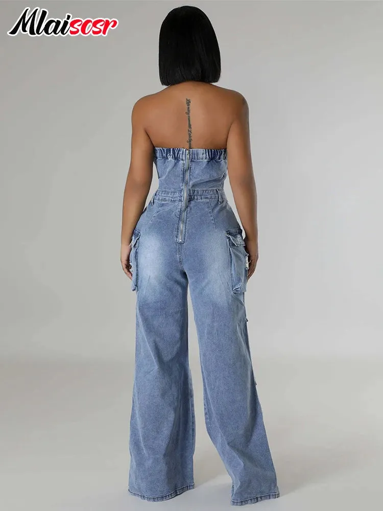 Ripped Stretch Denim Cargo Blue Wide Legs Jumpsuits