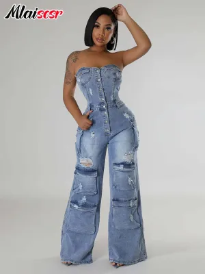 Ripped Stretch Denim Cargo Blue Wide Legs Jumpsuits