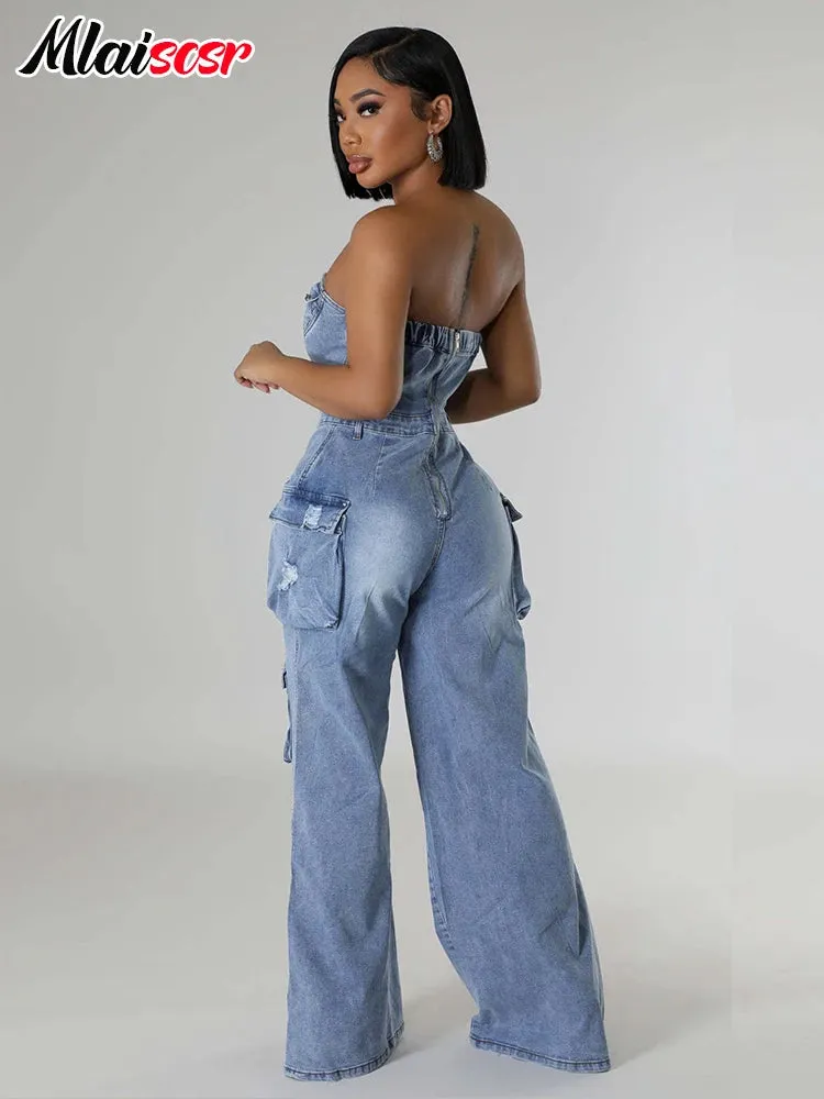 Ripped Stretch Denim Cargo Blue Wide Legs Jumpsuits