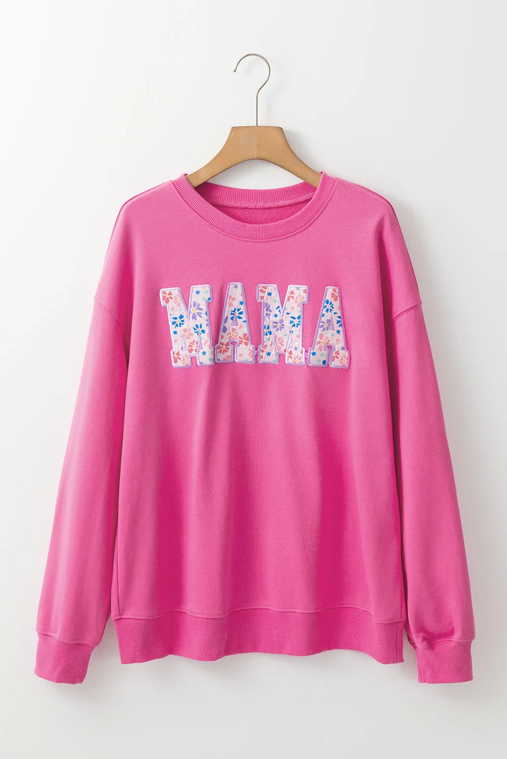 Rose Red Floral MAMA Embroidered Graphic Pullover Sweatshirt