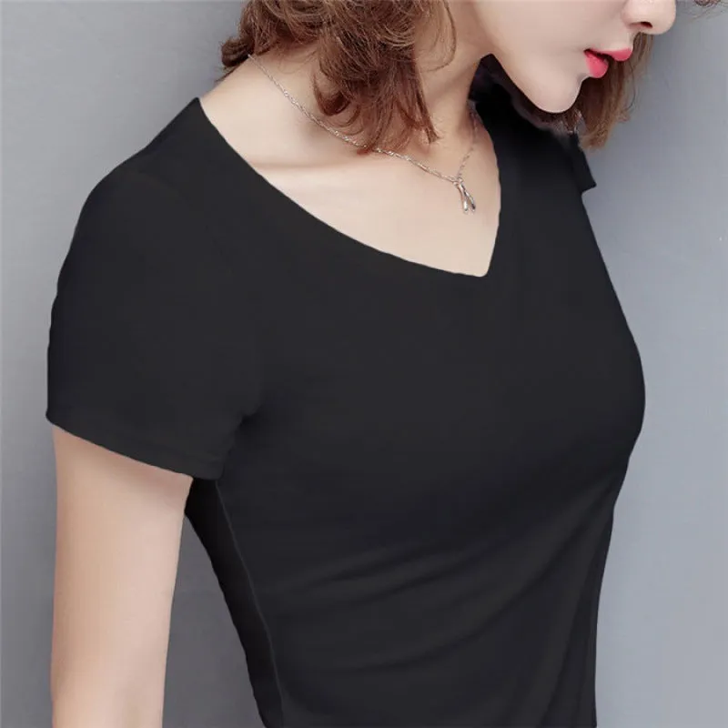 S-5XL Women's Cotton T-shirt Summer V-neck Tops Tees Female