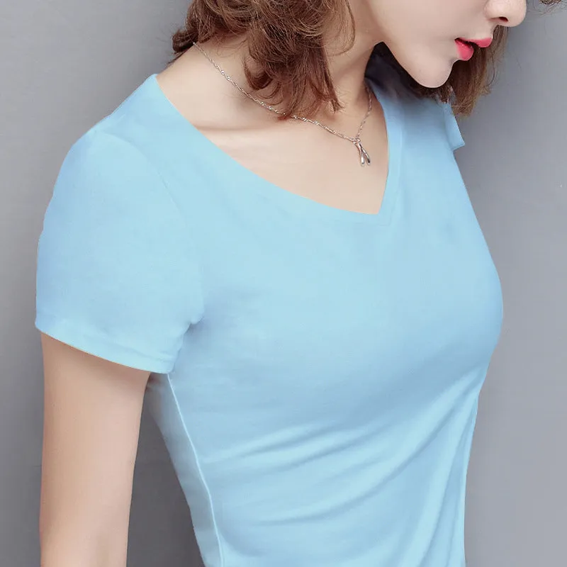 S-5XL Women's Cotton T-shirt Summer V-neck Tops Tees Female