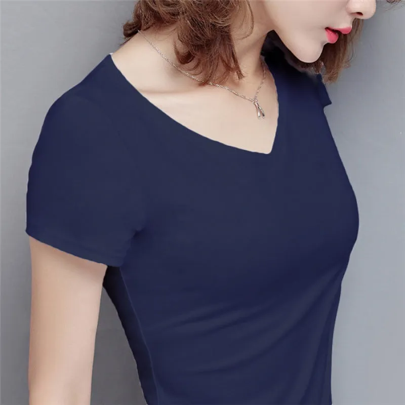 S-5XL Women's Cotton T-shirt Summer V-neck Tops Tees Female
