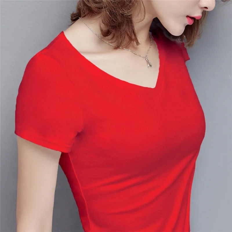 S-5XL Women's Cotton T-shirt Summer V-neck Tops Tees Female