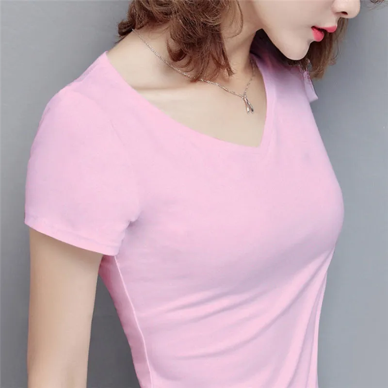 S-5XL Women's Cotton T-shirt Summer V-neck Tops Tees Female