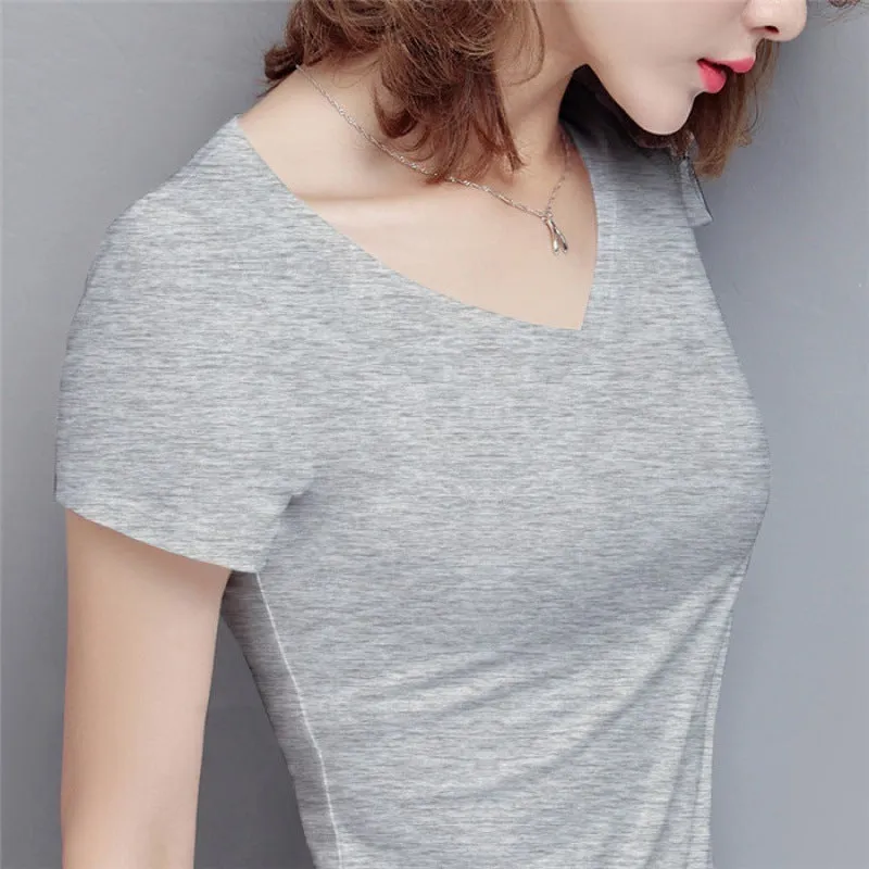 S-5XL Women's Cotton T-shirt Summer V-neck Tops Tees Female